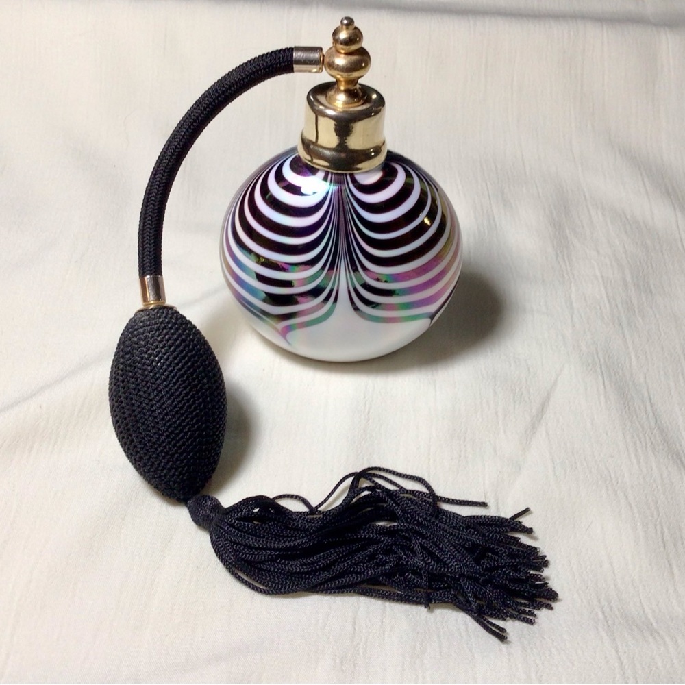 Perfume Bottle, Vintage Art Glass, Iridescent Rainbow Colors With Atomizer